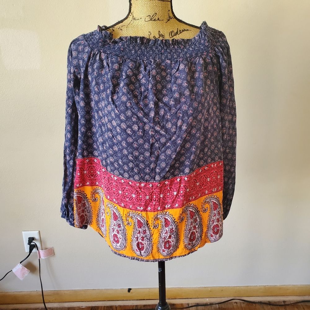BeachLunchLounge Boho Paisley Smocked Off Shoulder Peasant Top Medium Festival